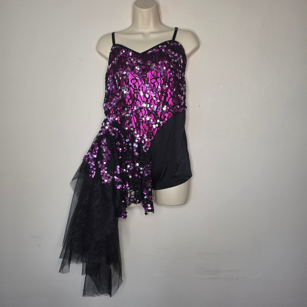 Costume Gallery Leotard Women Medium Pink Black Sequin Lace Asymmetrical Dance